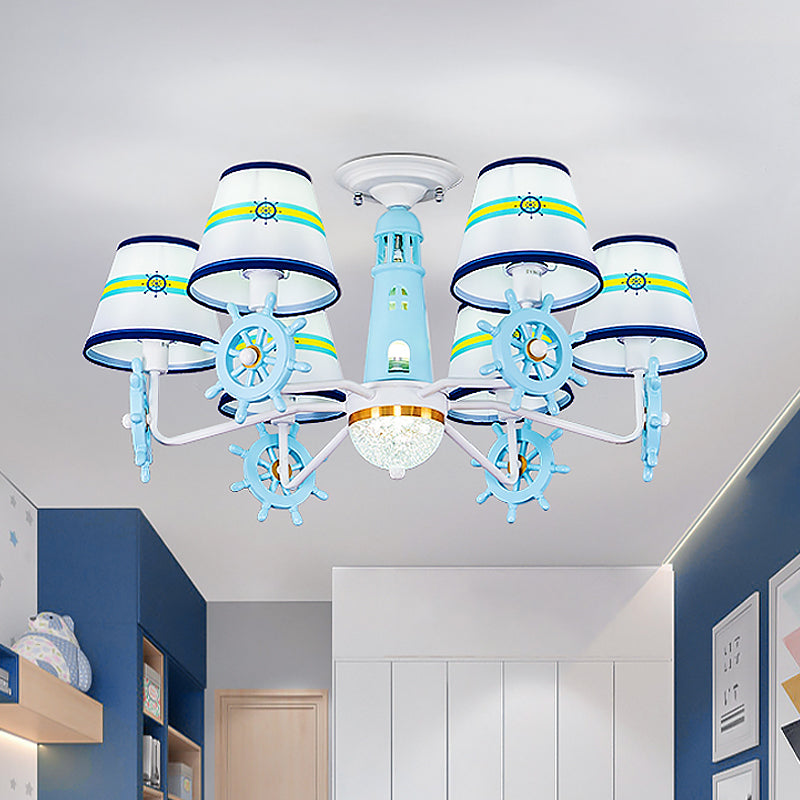 Kegelschattenstoff Semi Flush Kralskinder 6-leichte blaue Deckenmontage Licht mit Ruderdekoration