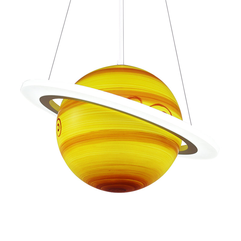 Kids 1 Bulb Suspension Light Yellow-Brown Jupiter/Blue Earth/Orange Sun Globe Pendant Chandelier with Acrylic Shade