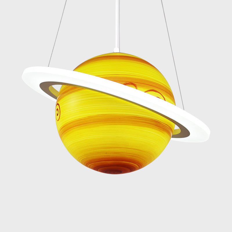Kids 1 Bulb Suspension Light Yellow-Brown Jupiter/Blue Earth/Orange Sun Globe Pendant Chandelier with Acrylic Shade