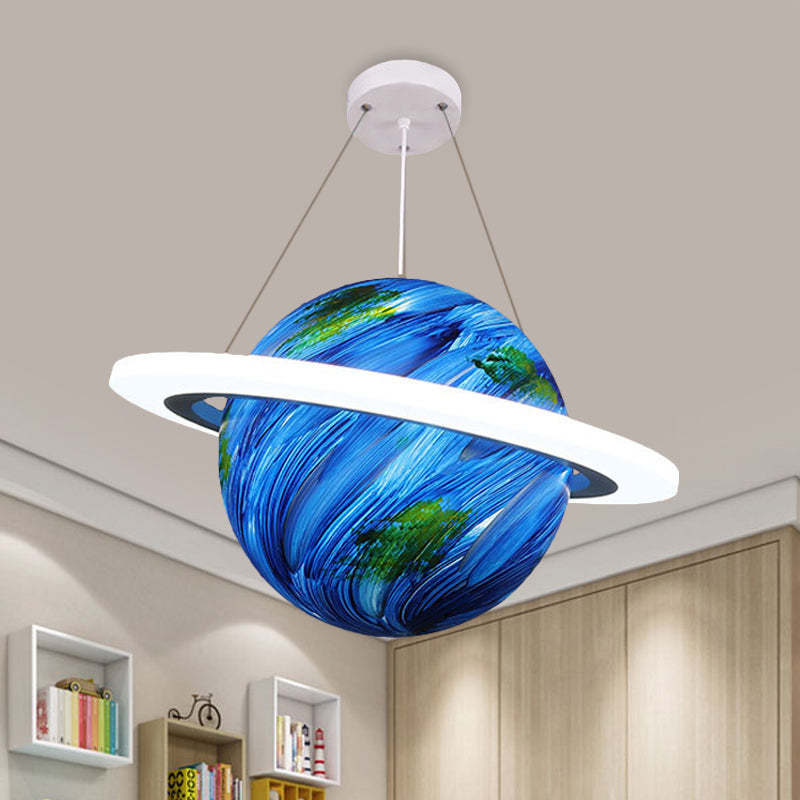 Kinderen 1 lampophanging Licht Geelbruine Jupiter/Blue Earth/Orange Sun Globe Hangkroonluchter met acrylschaduw