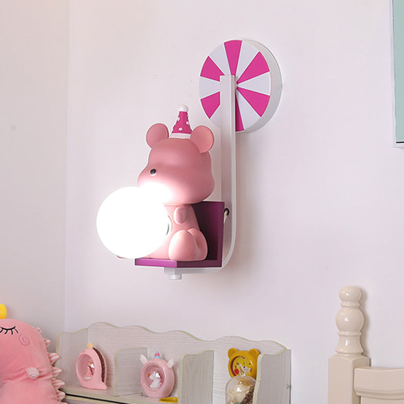 Birthday Bear Holding A Ball Wall Lamp Cartoon Resin 1-Light Pink/Blue Sconce Light with Milk Glass Shade