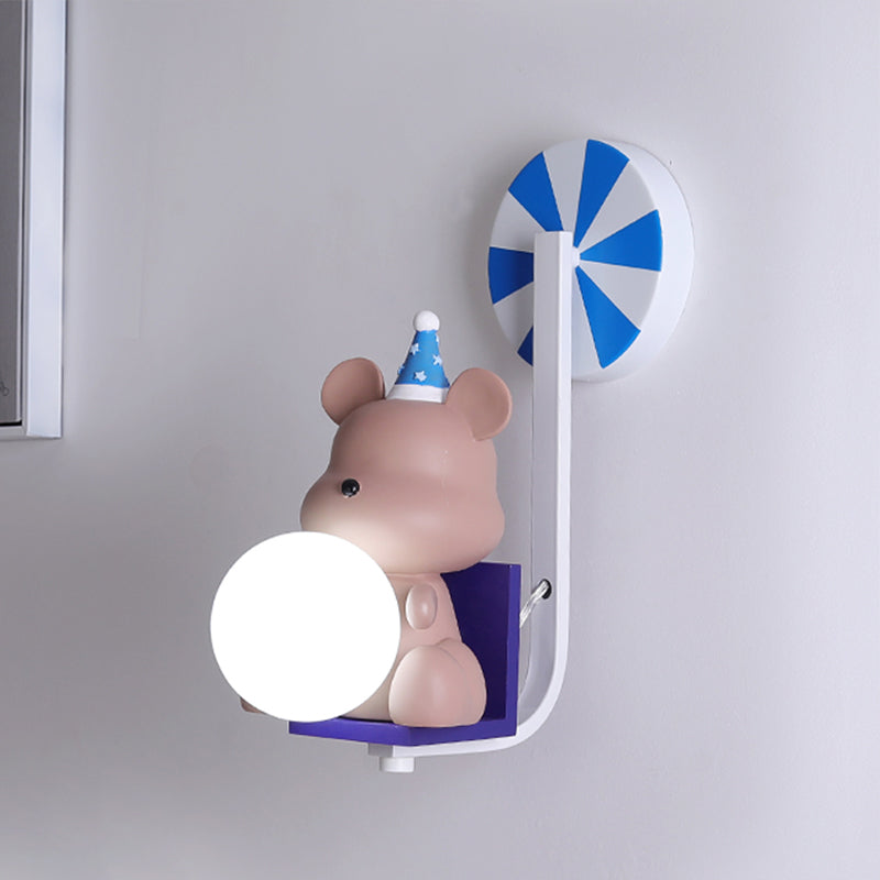 Birthday Bear Holding A Ball Wall Lamp Cartoon Resin 1-Light Pink/Blue Sconce Light with Milk Glass Shade