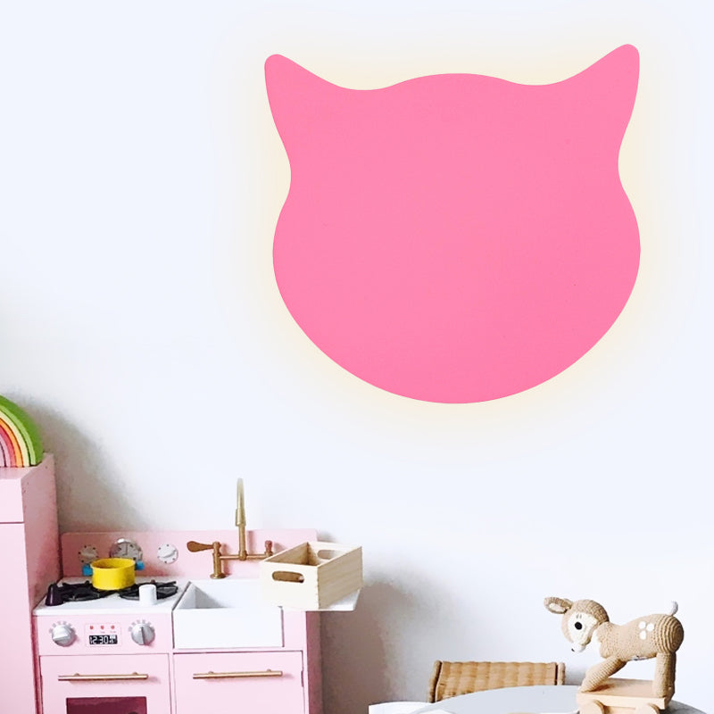 Cat Head Mini Wall Light Cartoon Wooden Kindergarten LED Flush Mount Wall Sconce in Pink/Blue/Yellow