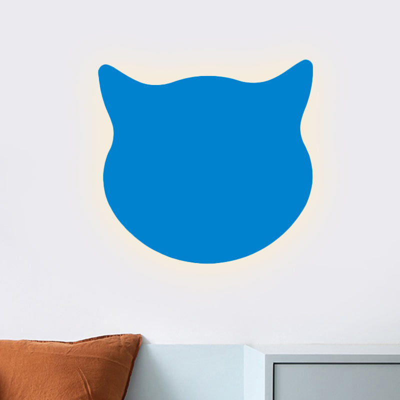 Cat Head Mini Wall Light Cartoon Wooden Kindergarten LED Flush Mount Wall Sconce in Pink/Blue/Yellow