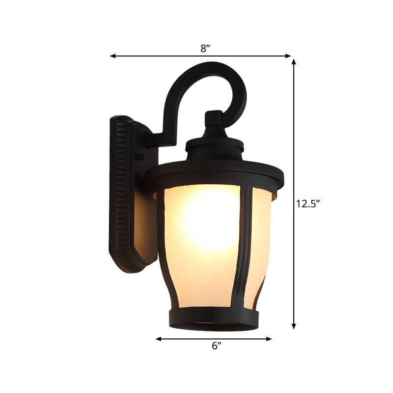 Luce a parete in metallo a braccio scorretto tradizionale 1 lampada da parete all'aperto leggera in nero con sfumatura in vetro smerigliata