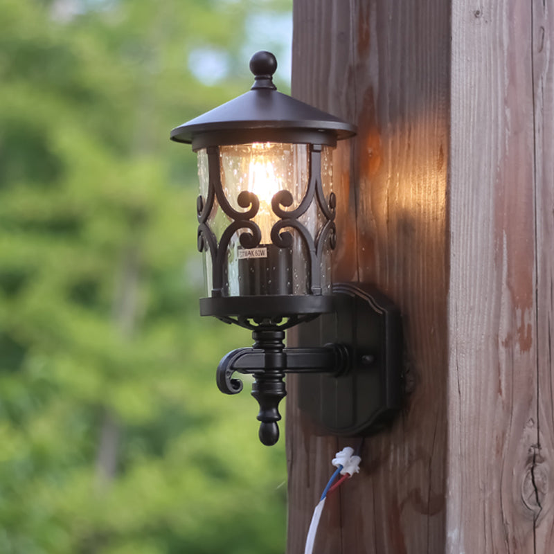 1-Light Wall Lighting Classic Lantern Clear Bubble/Crackle Glass Sconce Light in Dark Coffee for Courtyard