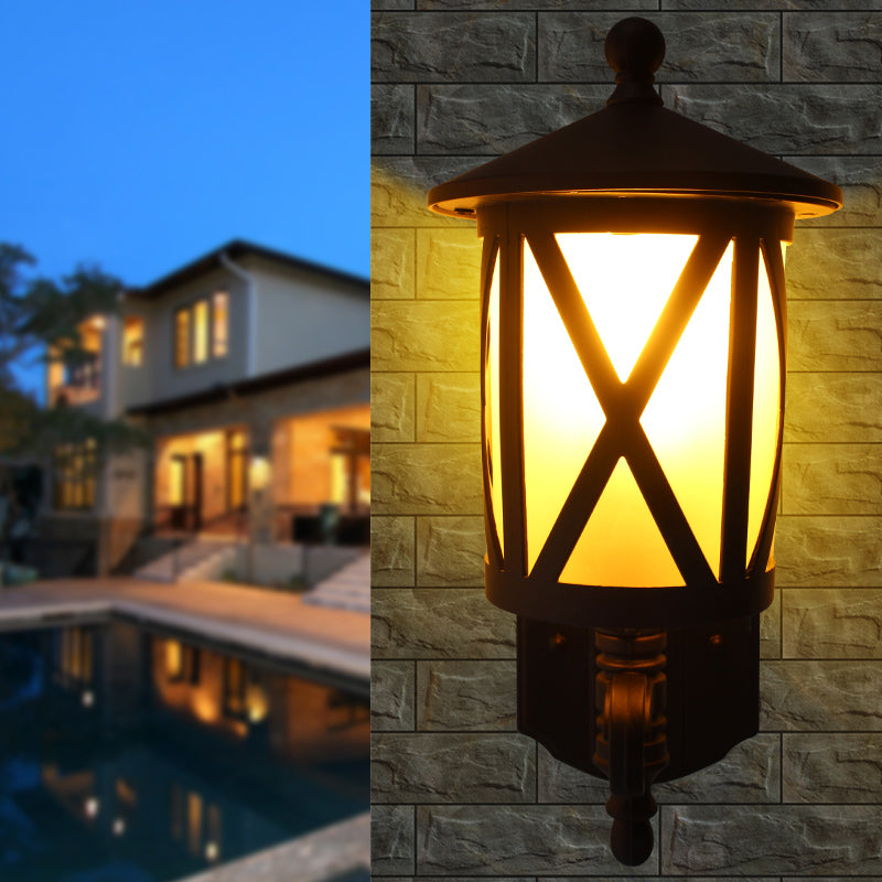 Black X-Cage Wall Light Fixture Country Style Opal Glass 1 Head Yard Wall Mounted Lighting