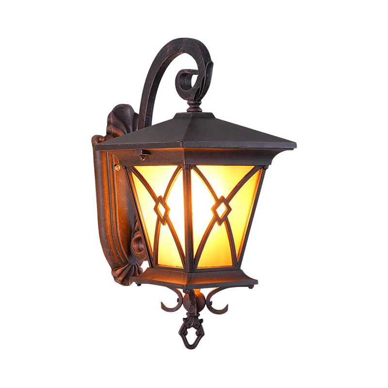 1-Bulb Yellow Glass Surface Wall Sconce Rustic Dark Coffee Lantern Outdoor Wall Lighting Ideas