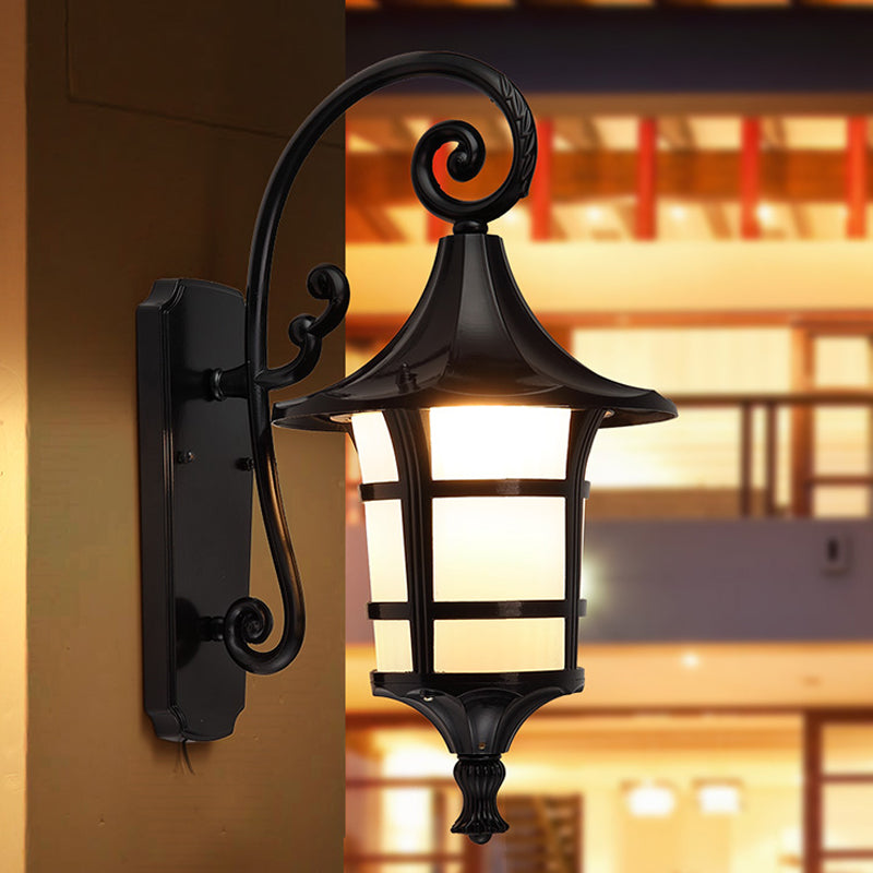 1 Bulb Wall Light Farmhouse Yard Wall Sconce Lighting with Lantern Opal Glass Shade in Black/Coffee