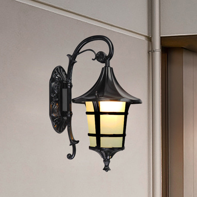 Metal Black/Coffee/Bronze Wall Light Sconce Curved Arm 1 Light Lodge Style Wall Lamp with White Glass Shade
