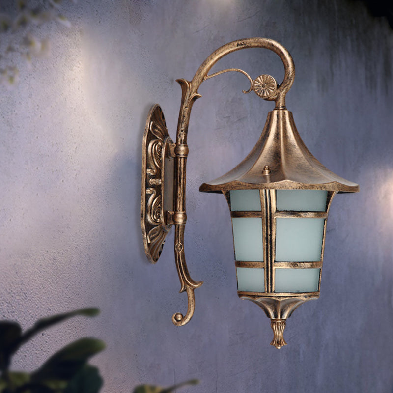 Metal Black/Coffee/Bronze Wall Light Sconce Curved Arm 1 Light Lodge Style Wall Lamp with White Glass Shade
