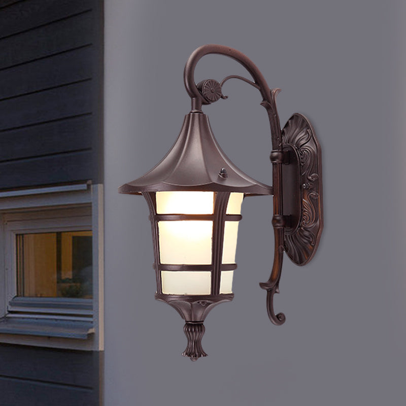 Metal Black/Coffee/Bronze Wall Light Sconce Curved Arm 1 Light Lodge Style Wall Lamp with White Glass Shade