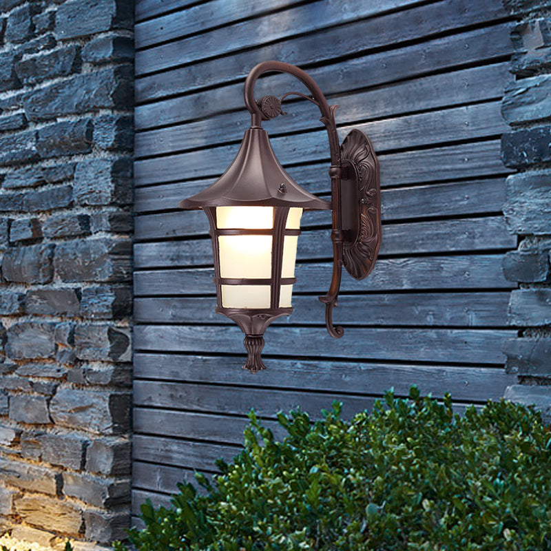 Metal Black/Coffee/Bronze Wall Light Sconce Curved Arm 1 Light Lodge Style Wall Lamp with White Glass Shade