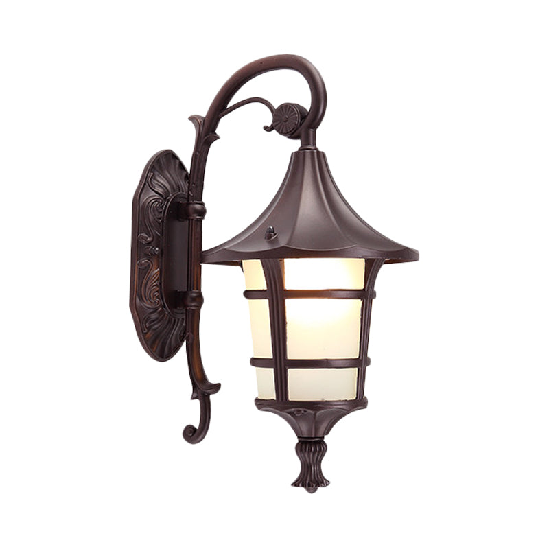 Metal Black/Coffee/Bronze Wall Light Sconce Curved Arm 1 Light Lodge Style Wall Lamp with White Glass Shade