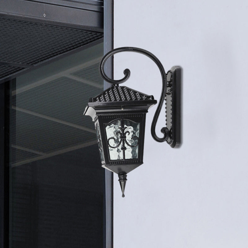 Vintage Pavilion Wall Lighting 1-Light Clear Water Glass Sconce Light in Black/Bronze with Curvy Arm
