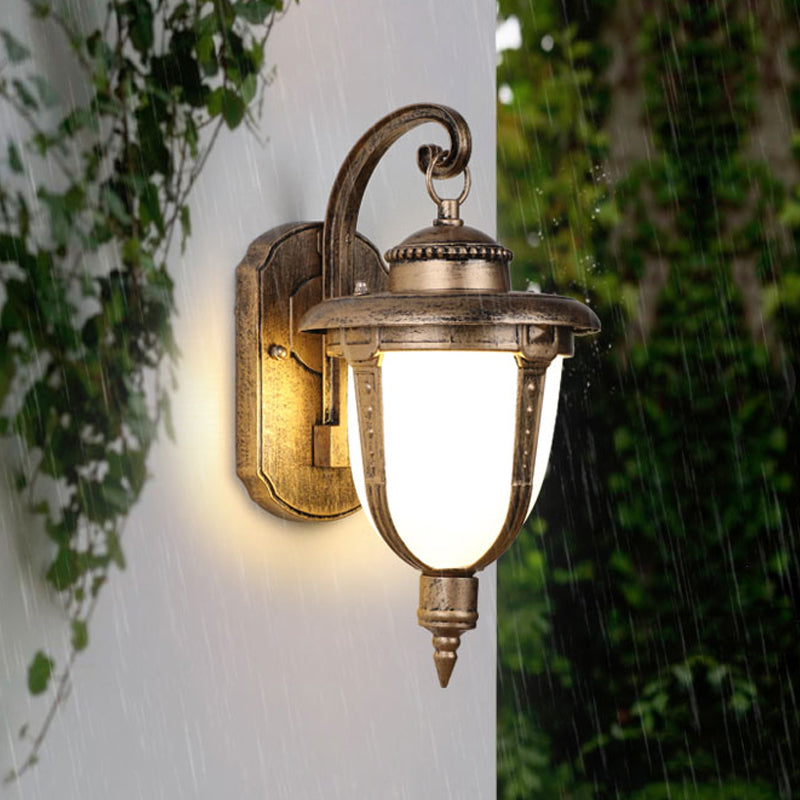 Urn-Shaped Frosted Glass Wall Sconce Country 1 Light Outdoor Wall Hanging Light in Black/Gold/Bronze