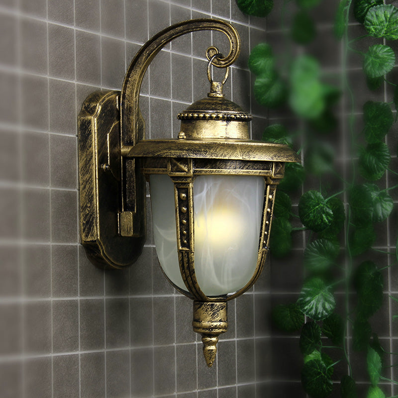 Urn-Shaped Frosted Glass Wall Sconce Country 1 Light Outdoor Wall Hanging Light in Black/Gold/Bronze