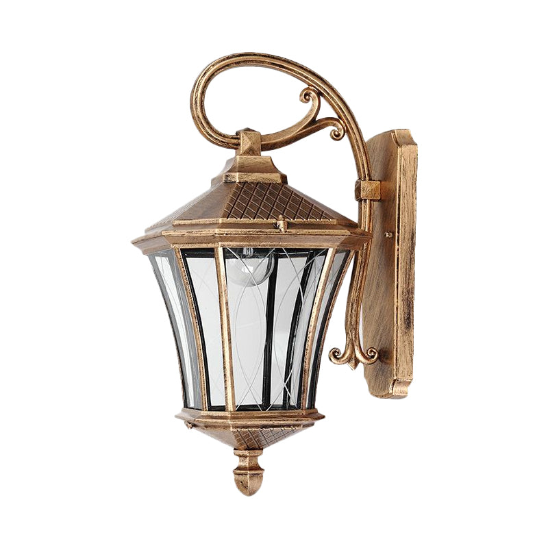 1 Bulb Wall Light Sconce Classic Lantern Clear Glass Wall Mount Lamp in Bronze with Swooping Arm