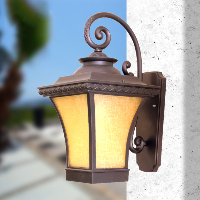 1 Bulb Wall Light Fixture Classic Patio Wall Lighting Ideas with Lantern Yellow Glass Shade in Coffee