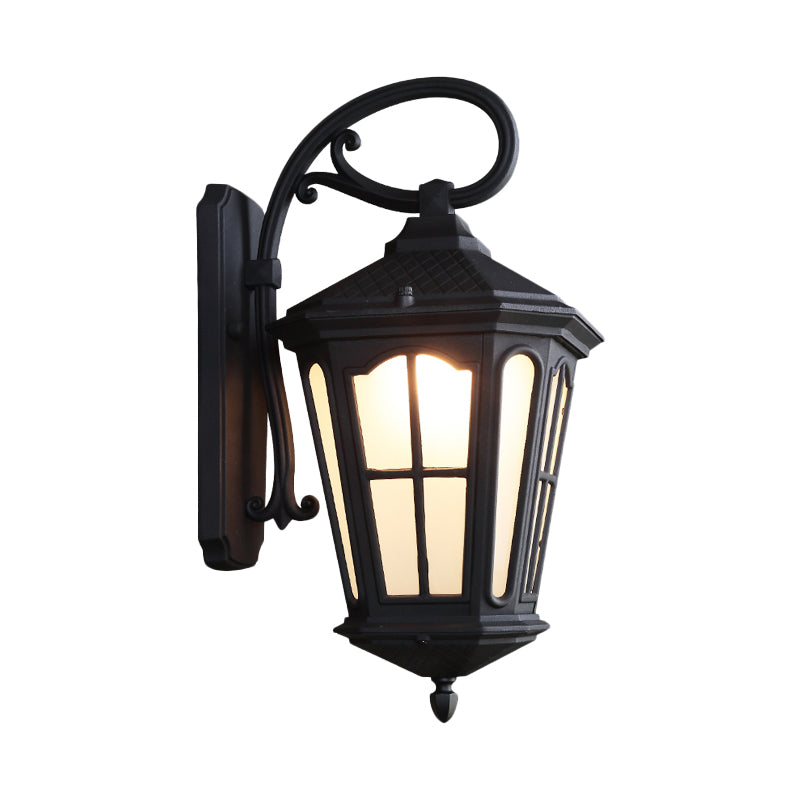 1-Light Wall Hanging Light Lodge Style Lantern White Glass Sconce in Textured Black/Coffee with Swooping Arm