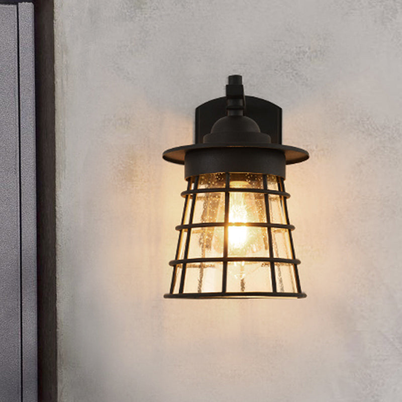 Conical Yard Wall Light Sconce Cottage Clear Ripple Glass 1 Light Black Finish Wall Mounted Lamp with Cage