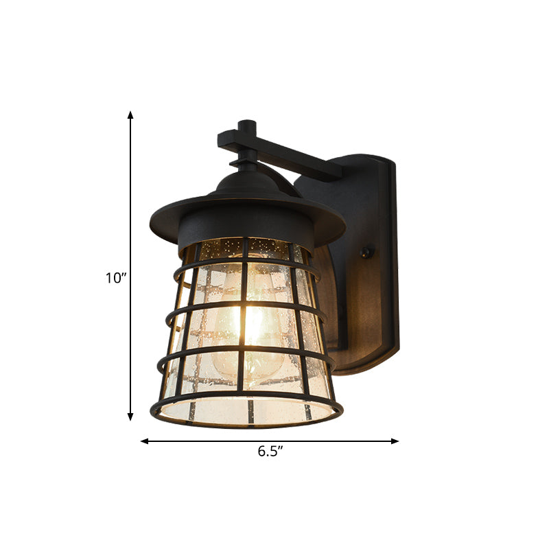 Conical Yard Wall Light Sconce Cottage Clear Ripple Glass 1 Light Black Finish Wall Mounted Lamp with Cage