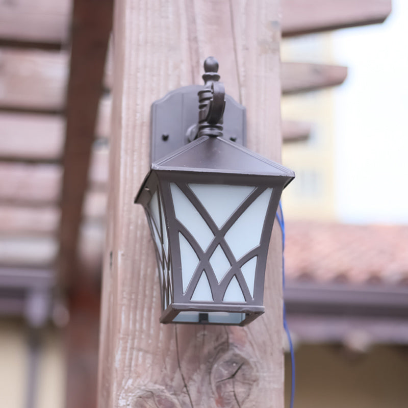 1-Head Frosted Glass Wall Sconce Lighting Traditional Dark Coffee Lantern Outdoor Wall Light Fixture