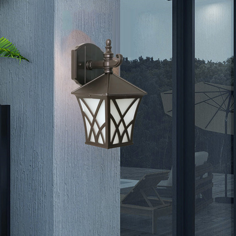 1-Head Frosted Glass Wall Sconce Lighting Traditional Dark Coffee Lantern Outdoor Wall Light Fixture