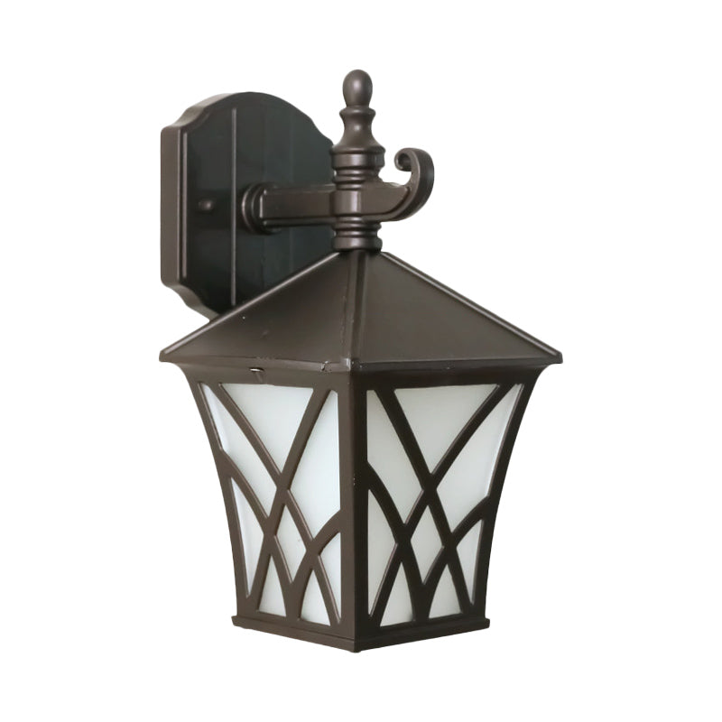 1-Head Frosted Glass Wall Sconce Lighting Traditional Dark Coffee Lantern Outdoor Wall Light Fixture