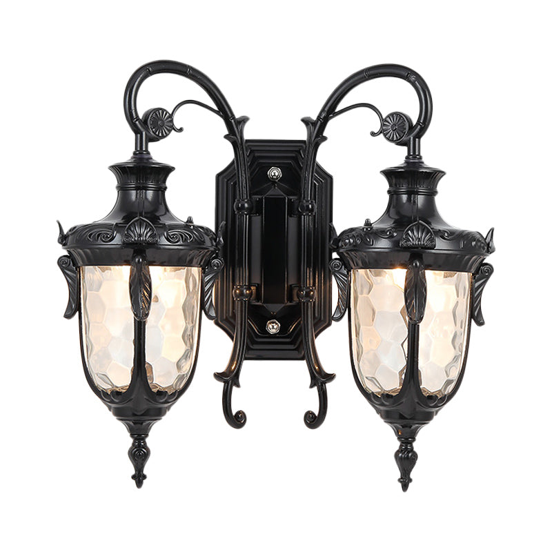IJzeren zwart/bronzen wandgemonteerd licht gescrolde arm 2 lichten boerderijstijl SCONCE LAMP met heldere kuiltjes glazen schaduw