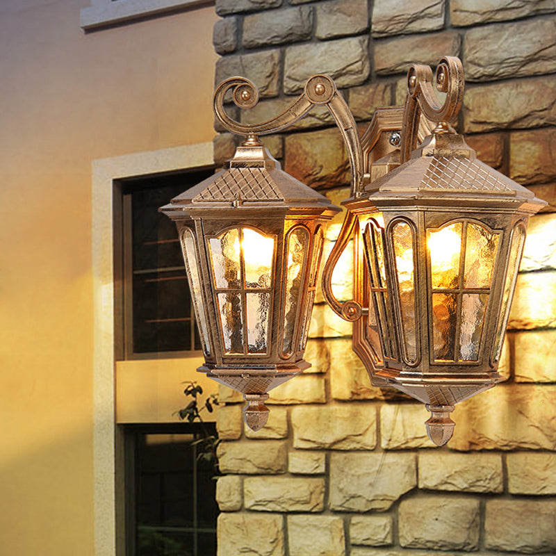 Lodge Lantern Wall Mount Lamp 2-Light Clear Water Glass Wall Lighting Fixture in Bronze
