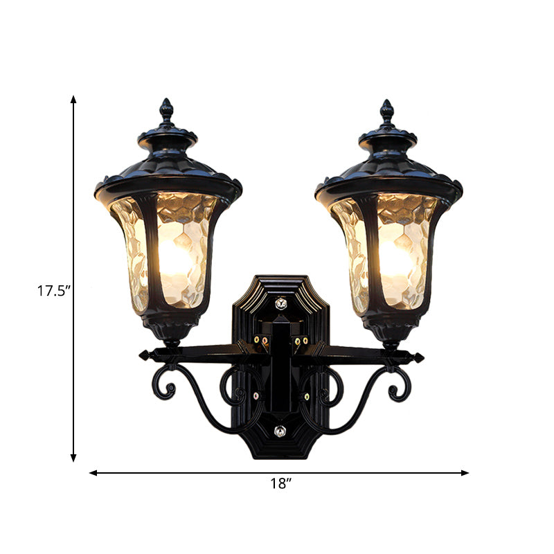 2 Bulbs Wall Mount Light Traditional Urn-Shade Clear Dimple Glass Sconce Lamp in Black
