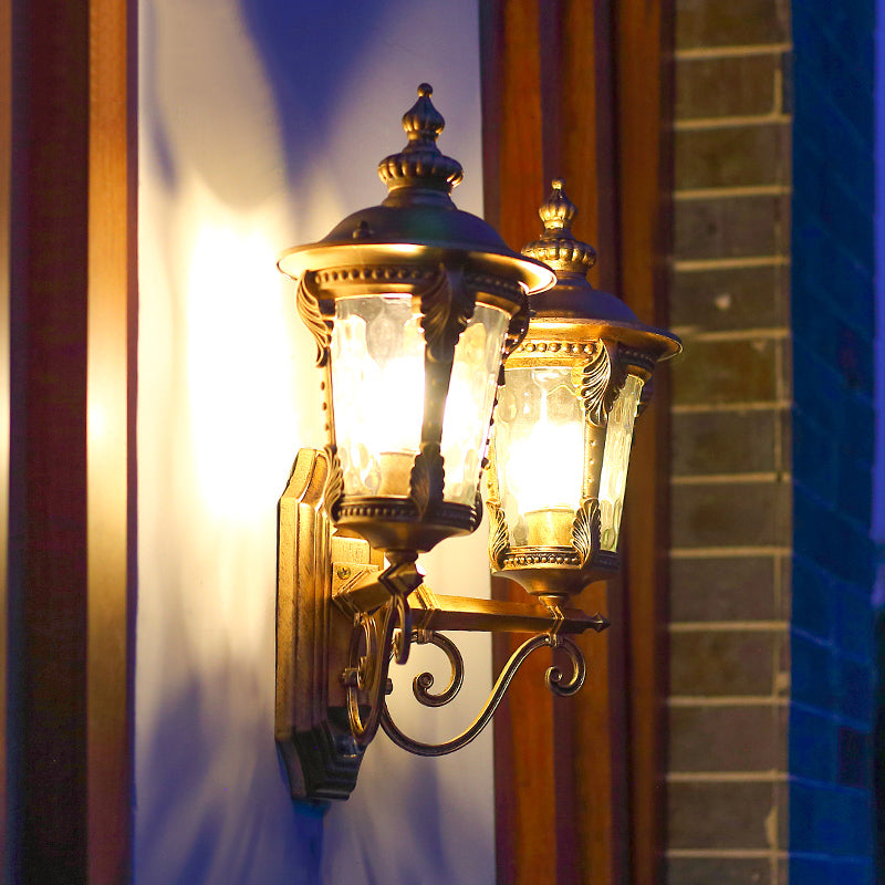 Lantern Shaped Clear Dimple Glass Wall Lighting Cottage Style 2 Heads Courtyard Wall Hanging Light in Bronze