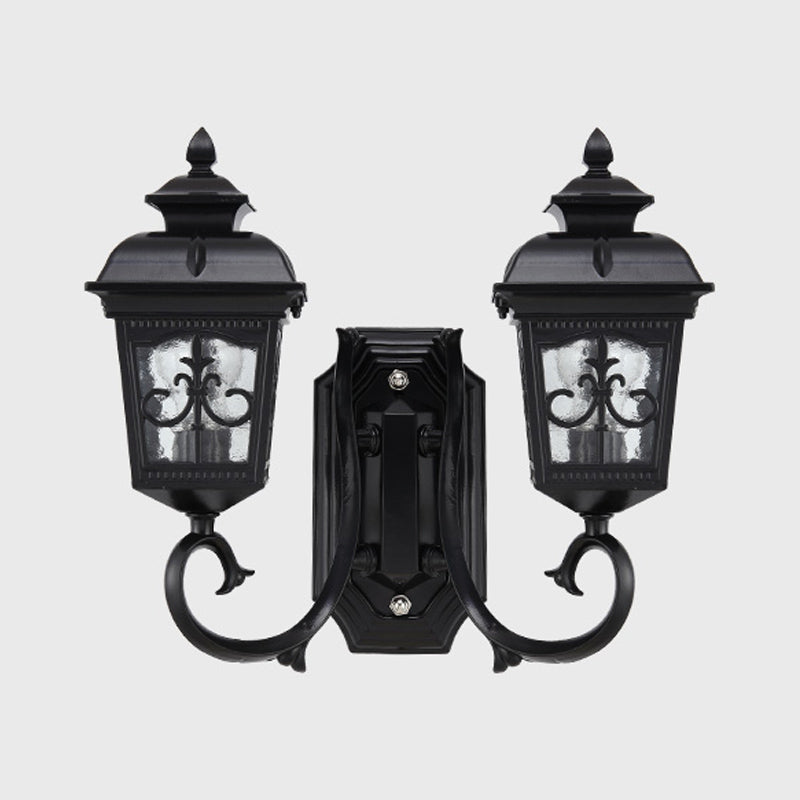 2 Bulbs Lantern Wall Mount Lighting Vintage Black Finish Clear Glass Wall Light Fixture with Curved Arm