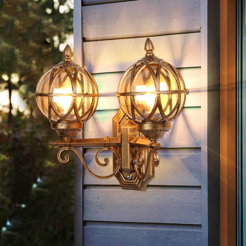 Black/Bronze Spherical Wall Lighting Ideas Country Amber Glass 2-Bulb Patio Surface Wall Sconce with Cage