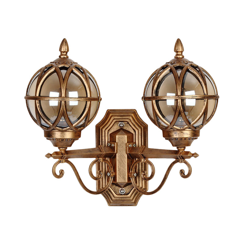Black/Bronze Spherical Wall Lighting Ideas Country Amber Glass 2-Bulb Patio Surface Wall Sconce with Cage
