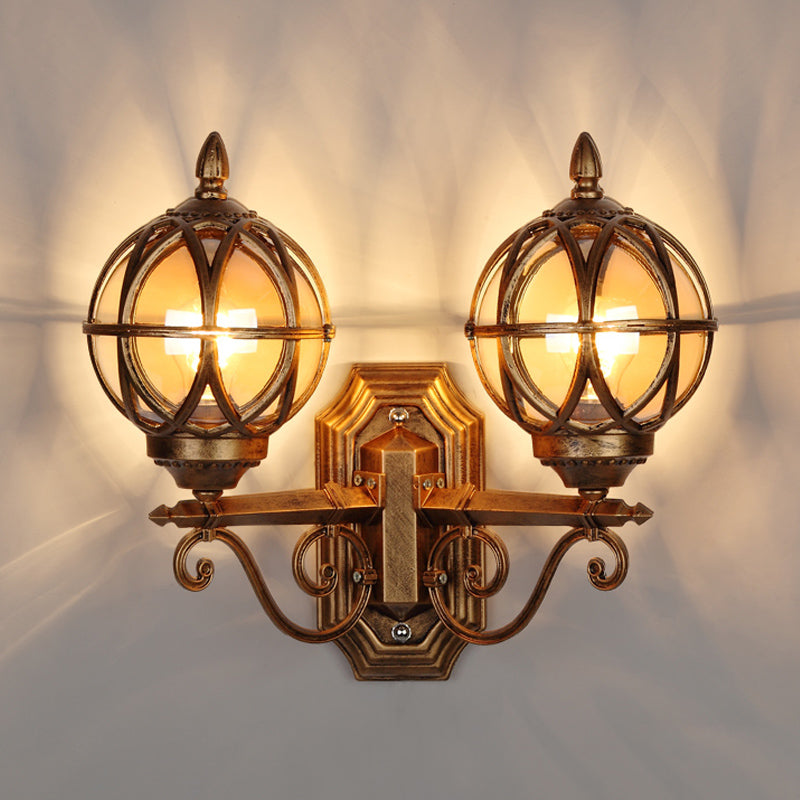 Black/Bronze Spherical Wall Lighting Ideas Country Amber Glass 2-Bulb Patio Surface Wall Sconce with Cage