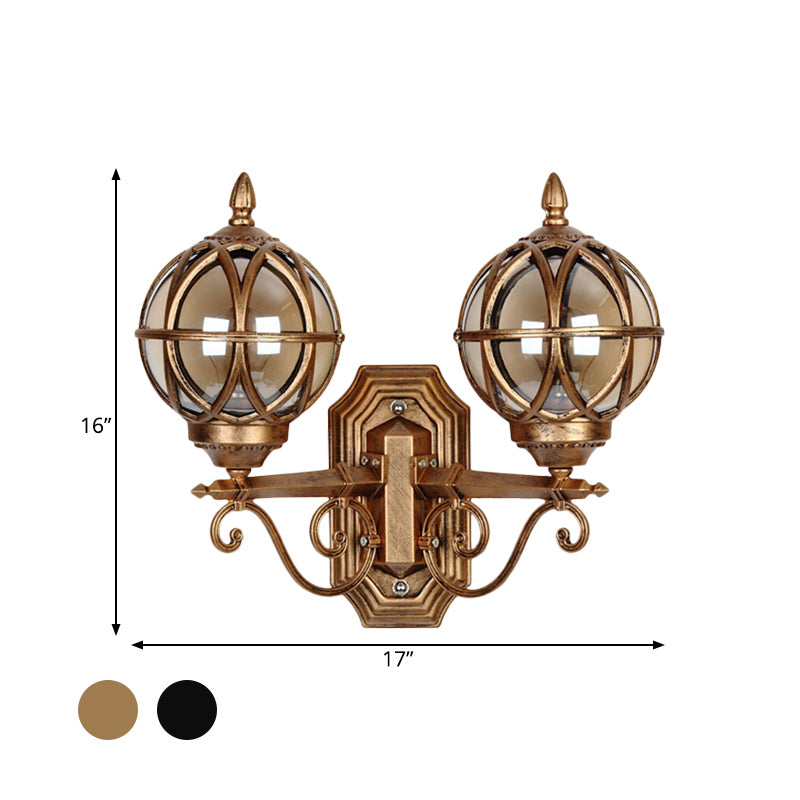 Black/Bronze Spherical Wall Lighting Ideas Country Amber Glass 2-Bulb Patio Surface Wall Sconce with Cage