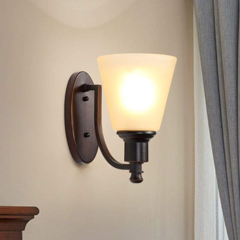 Conical Milk Glass Wall Lighting Vintage 1 Head Living Room Wall Sconce Light Fixture in Black