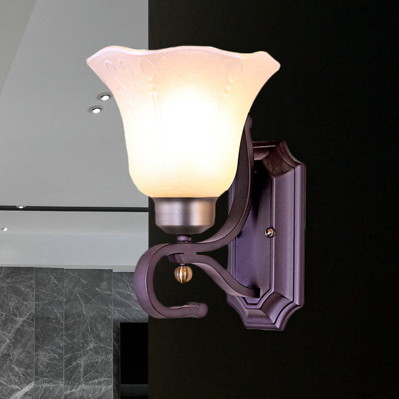 Vintage Blossom Sconce Wall Light 1/2-Bulb Frosted White Glass Wall Lighting Fixture in Black