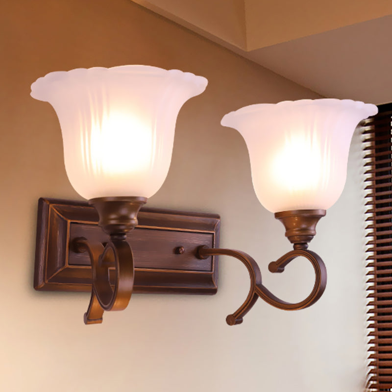 1/2-Light Ivory Glass Sconce Lamp Retro Coffee Blossom Living Room Wall Mounted Light Fixture