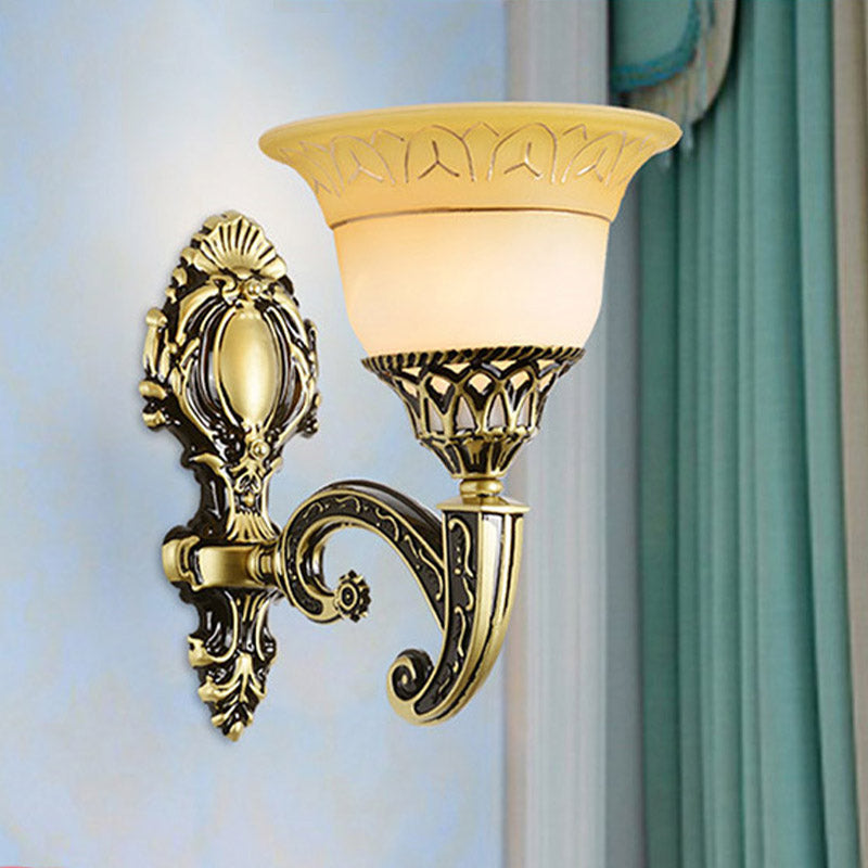 Brass 1/2-Head Sconce Light Fixture Classic Frosted Glass Flared Wall Mounted Lamp for Bedroom