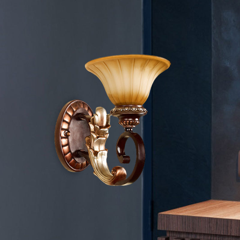 Flared Amber Glass Wall Sconce Traditional 1 Light Living Room Wall Light in Bronze with Curving Arm