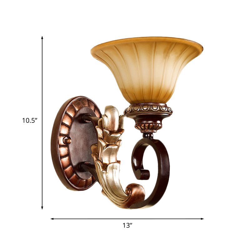 Flared Amber Glass Wall Sconce Traditional 1 Light Living Room Wall Light in Bronze with Curving Arm