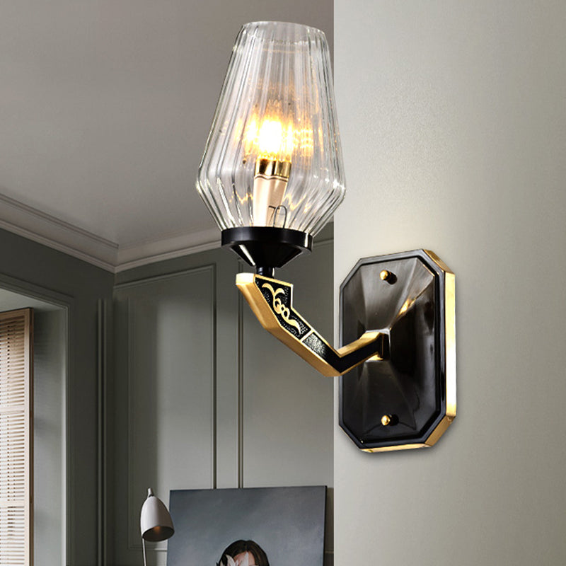 Retro Tapered Wall Light Fixture 1 Bulb Clear Prismatic Glass Wall Sconce Lamp in Black for Living Room