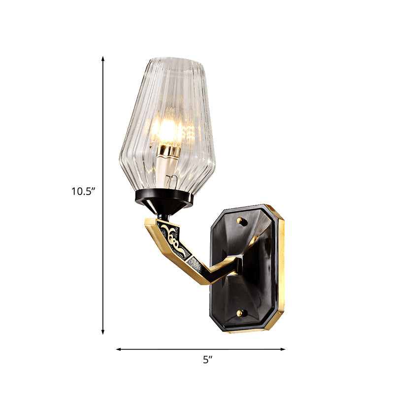 Retro Tapered Wall Light Fixture 1 Bulb Clear Prismatic Glass Wall Sconce Lamp in Black for Living Room