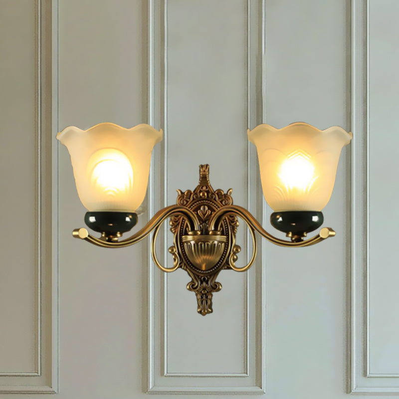 2 Lights Floral Wall Lamp Traditional Brass Frosted Glass Wall Sconce Light with Carved Backplate
