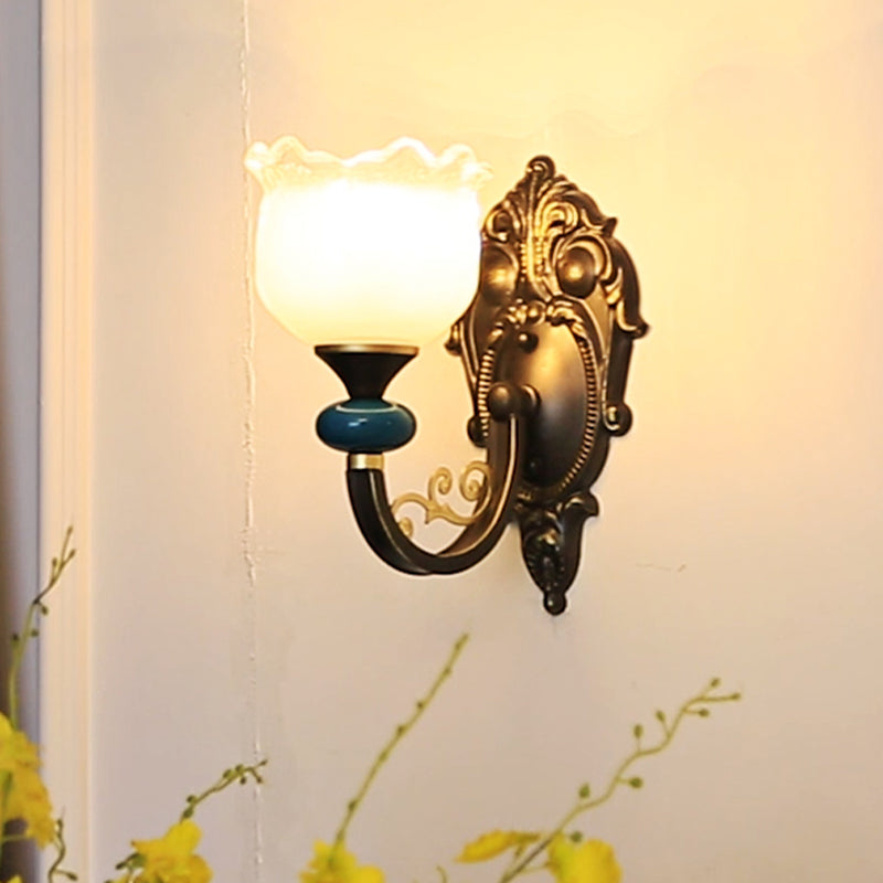 Floral Bedroom Wall Sconce Lamp Retro Frosted Glass 1/2-Light Bronze Wall Light with Metal Curvy Arm