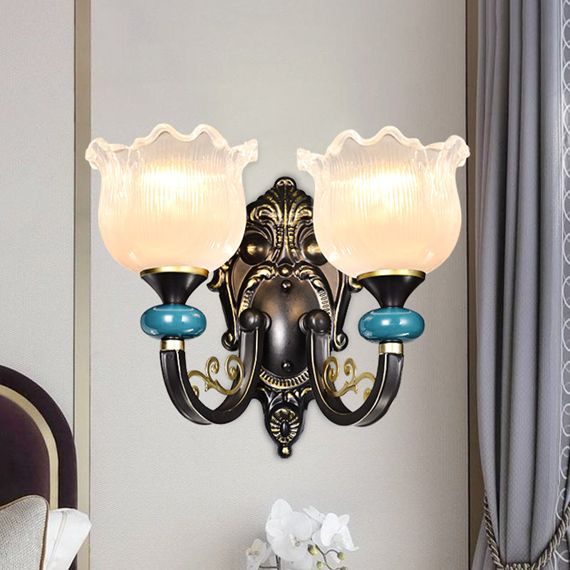 Floral Bedroom Wall Sconce Lamp Retro Frosted Glass 1/2-Light Bronze Wall Light with Metal Curvy Arm
