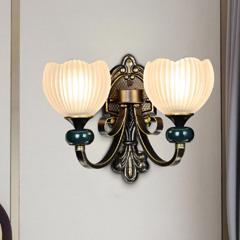 Brass Bud Wall Sconce Lighting Traditional Ribbed Glass 1/2-Head Living Room Wall Lamp Fixture